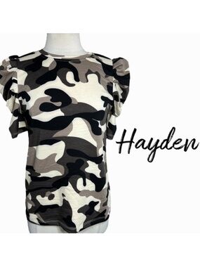 Hayden black and brown camo puff shoulder short sleeve top Sz small